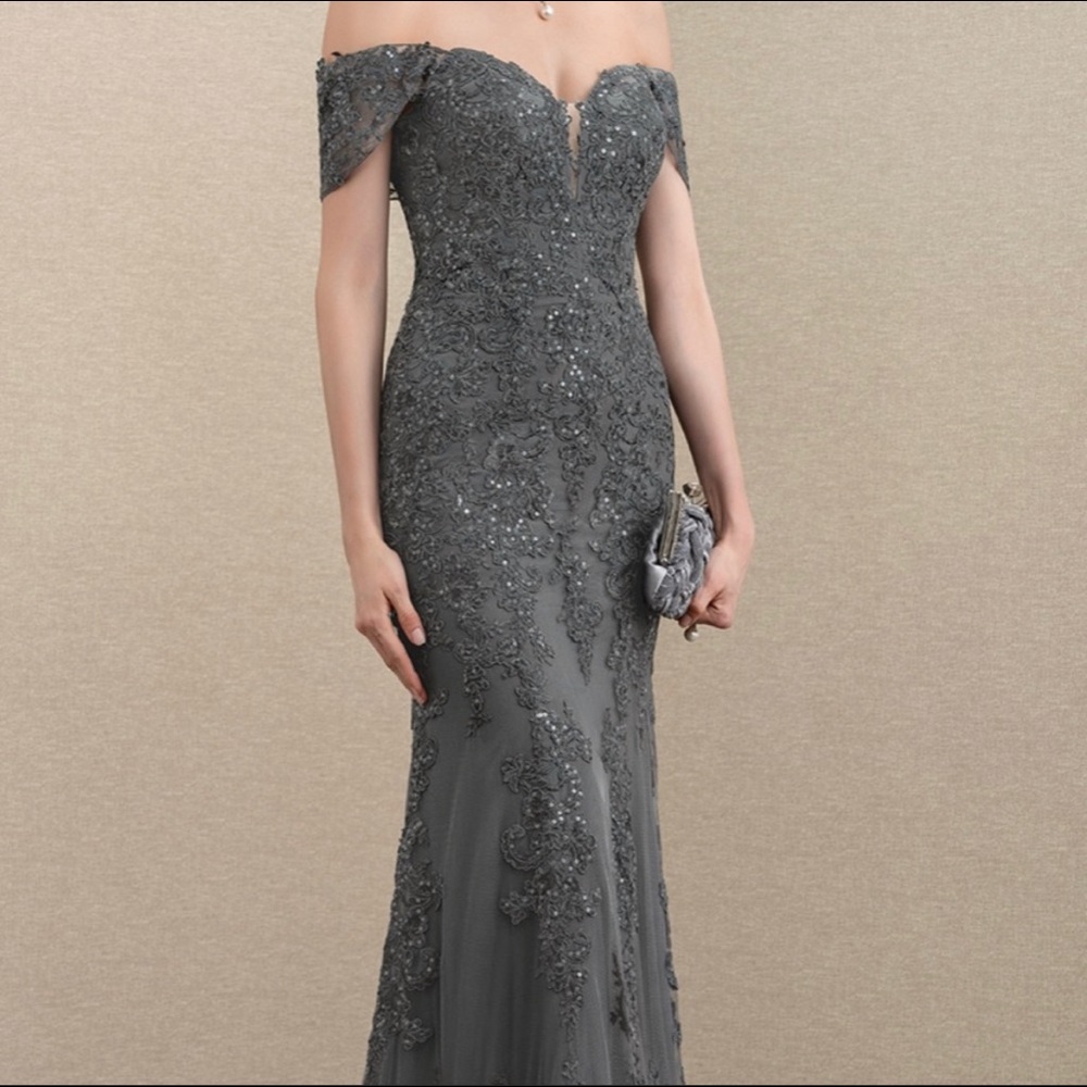 JJs House Mermaid Off-the-Shoulder Floor-Length Tulle Lace Dress With Sequins